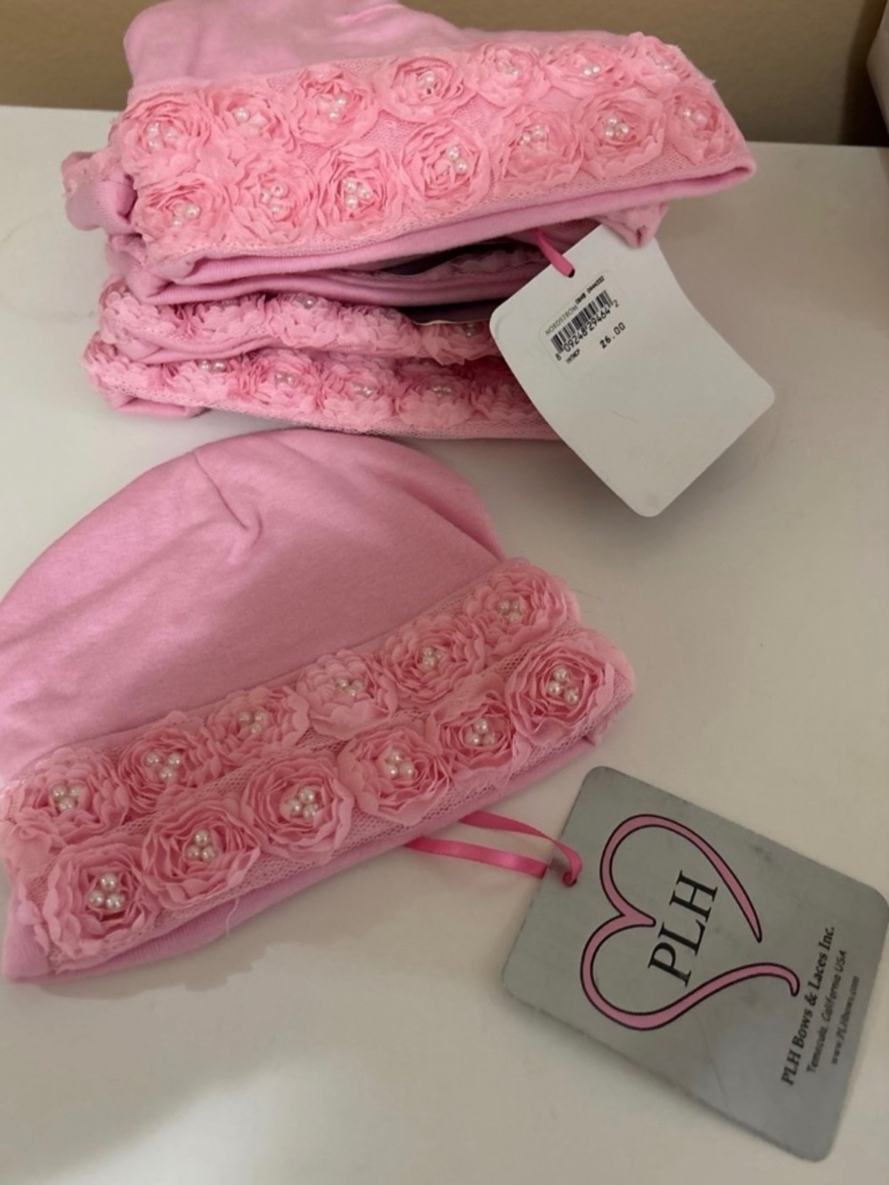 5 pink infant/baby hats